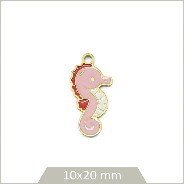 1 breloque hippocampe en acier inoxydable 304 doré et effet émail rose