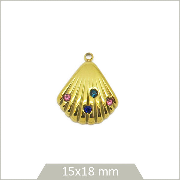 1 breloque coquille en acier inoxydable 304 doré et strass multicolores