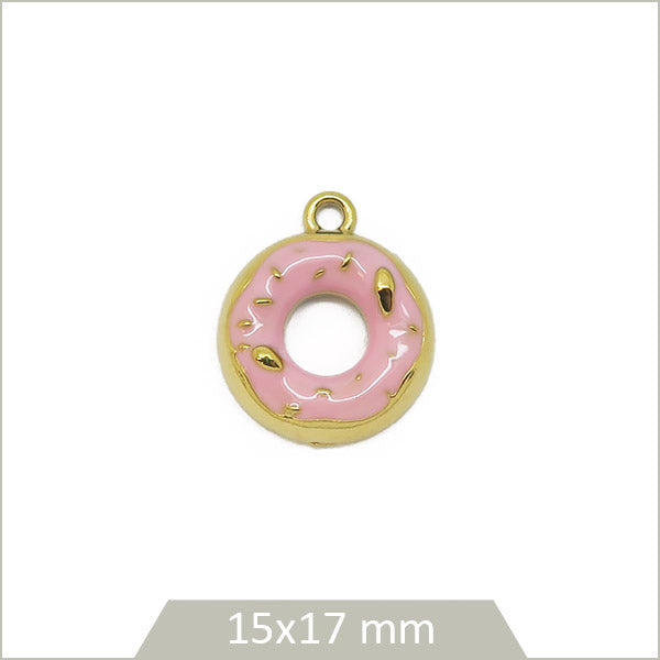 1 breloque donut acier inoxydable 304 doré et effet émail rose