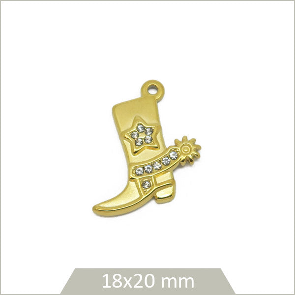 1 breloque santiag en acier inoxydable 304 doré et strass
