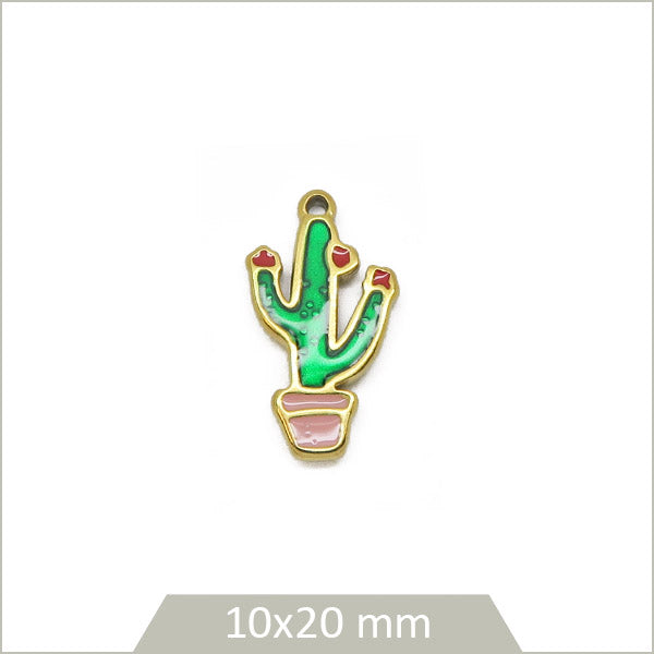 1 breloque cactus en acier inoxydable 304 doré et effet émail coloré