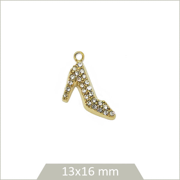 1 breloque escarpin en acier inoxydable 304 doré et strass