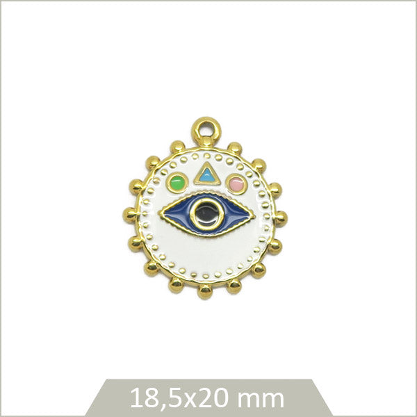 1 breloque ronde blanche oeil acier inoxydable doré