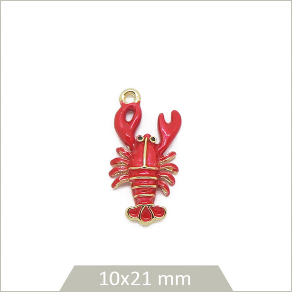 1 breloque homard, alliage de laiton doré et d'effet émail rouge