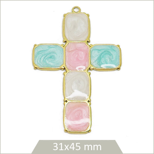 1 grande breloque croix en acier inoxydable doré et effet émail multicolore