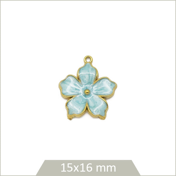 1 breloque fleur en acier inoxydable doré et effet émail bleu