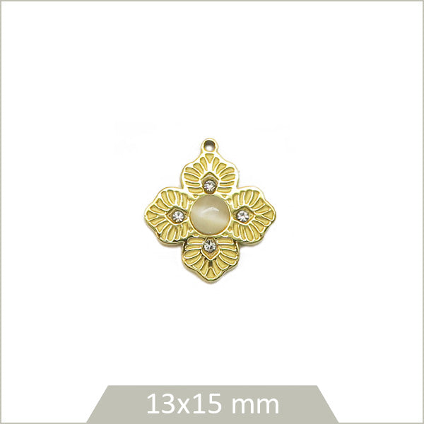 1 breloque fleur perlée en acier inoxydable 304 doré et strass