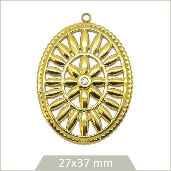 1 médaillon ovale vintage en acier inoxydable 304 doré et strass