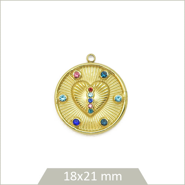 1 médaillon rond motif cœur en acier inoxydable 304 doré et strass multicolores
