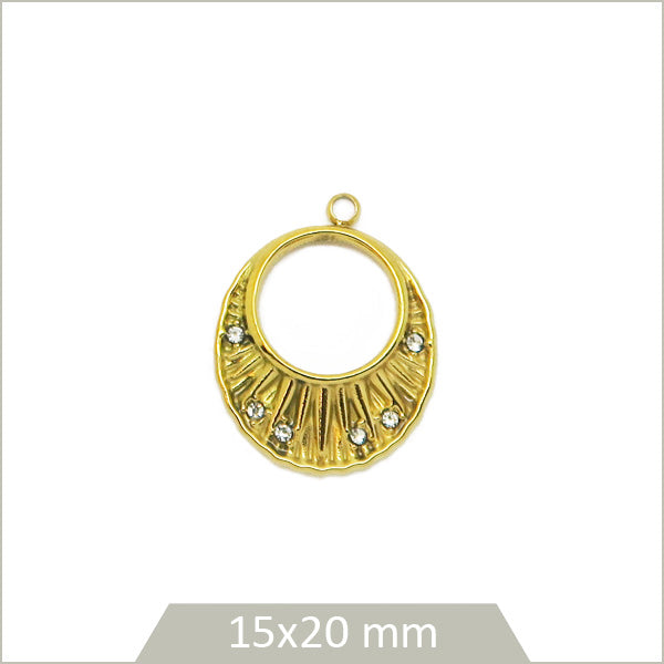 1 breloque créole ovale ajourée en acier inoxydable 304 doré et strass