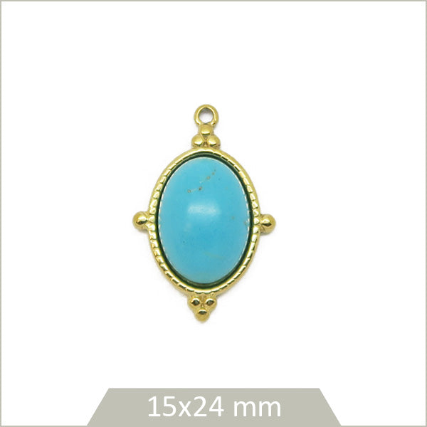 1 médaillon ovale en acier inoxydable 304 doré et cabochon en Turquoise synthétique