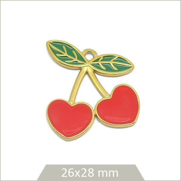 1 breloque cerises coeur en acier doré et effet émail coloré