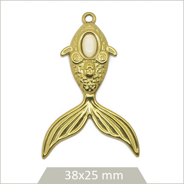 1 médaillon poisson en acier inoxydable 304 doré et cabochon en Pierre de Lune