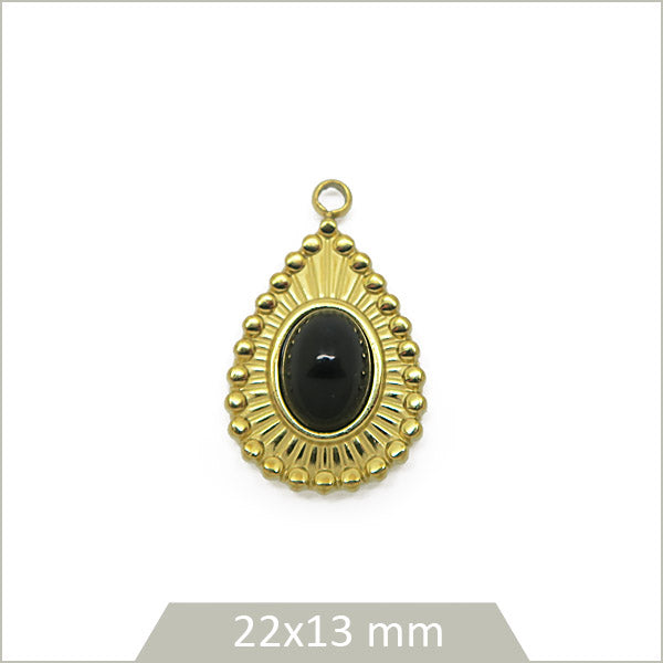 1 médaillon goutte en acier inoxydable 304 doré et cabochon en Onyx