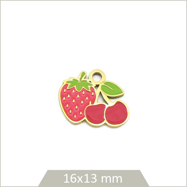 1 breloque fraise et cerises en acier doré et effet émail coloré