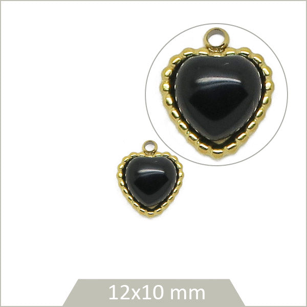 1 breloque coeur en acier inoxydable 304 doré et cabochon Onyx