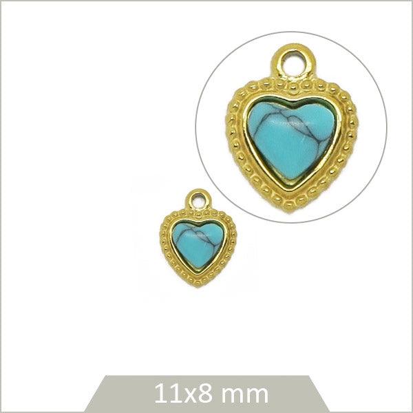 1 breloque coeur en acier inoxydable 304 doré et cabochon en Howlite teintée turquoise