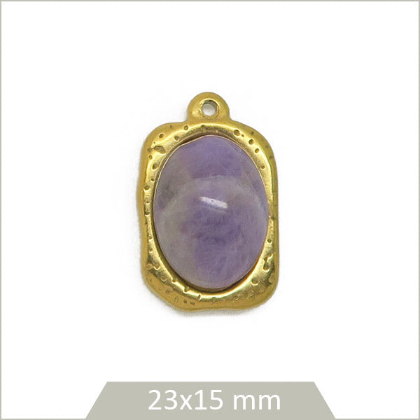 1 médaillon rectangle en acier inoxydable 304 doré et cabochon en Lépidolite