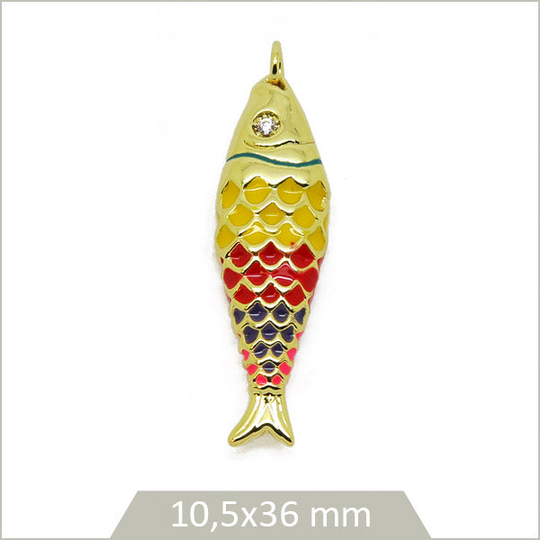 1 breloque poisson en laiton doré plaqué or 18k et effet émail coloré