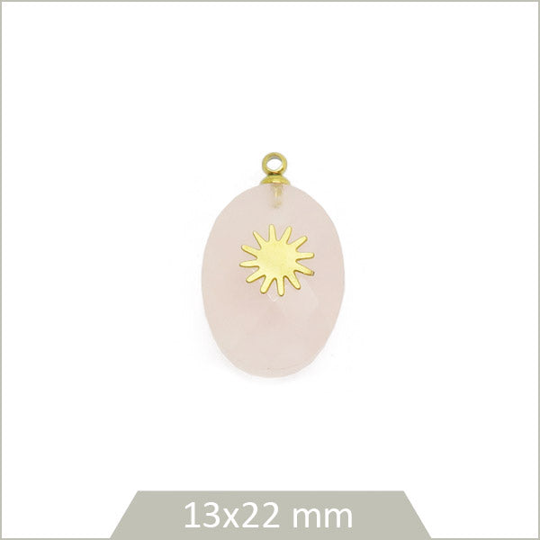 1 pendentif goutte en Quartz rose et soleil en acier doré