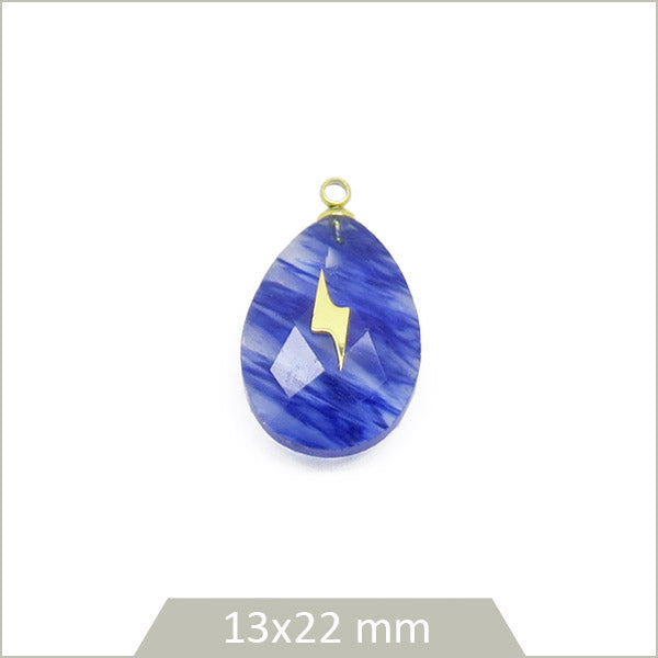 1 pendentif goutte en Quartz teinté bleu et éclair en acier doré