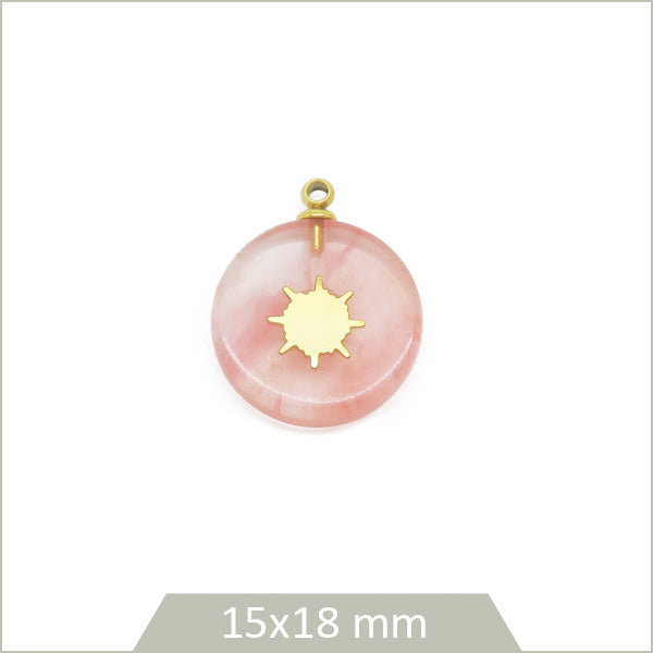 1 pendentif rond en Quartz melon d'eau et soleil en acier doré