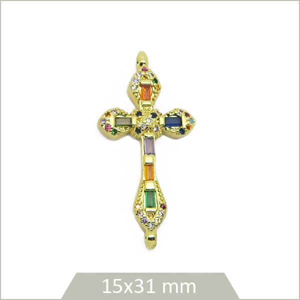 1 breloque croix en acier doré et strass en verre teinté multicolore