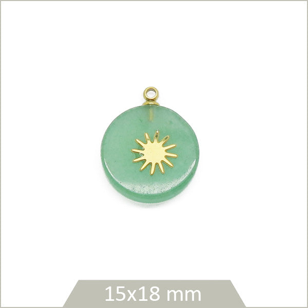 1 pendentif rond en Aventurine et soleil en acier doré