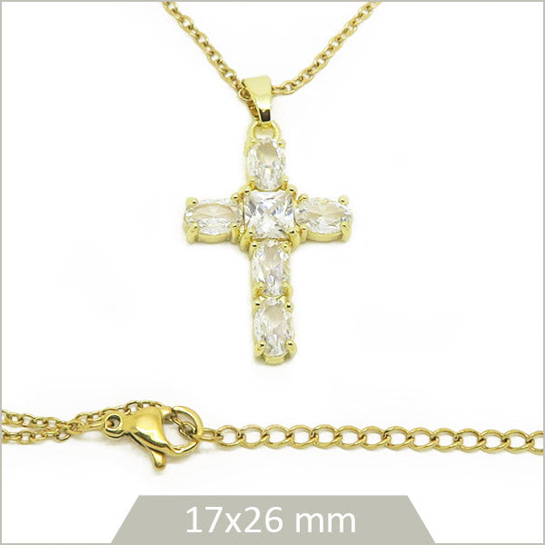 1 collier croix en laiton doré et strass en verre