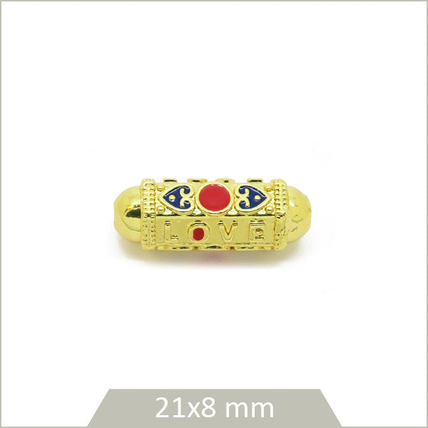 1 perle tube capsule "love" en laiton doré et effet émail coloré