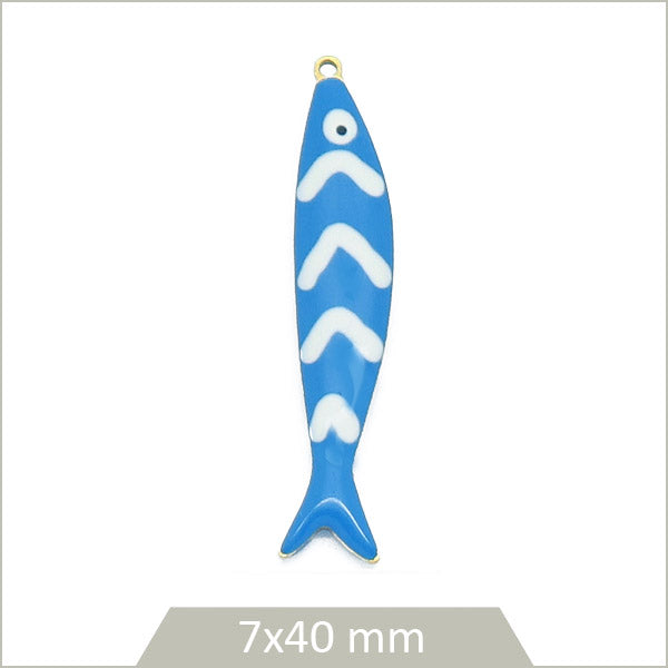 1 grande breloque poisson en acier doré et effet émail bleu lagon