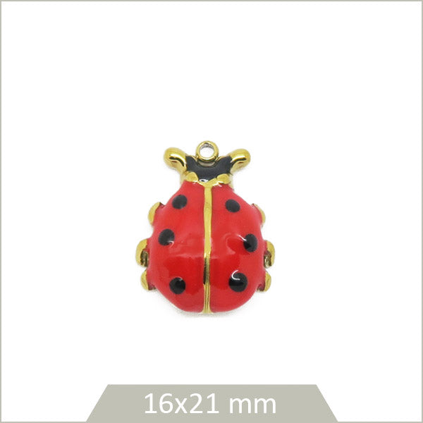 1 breloque coccinelle en acier doré et effet émail coloré
