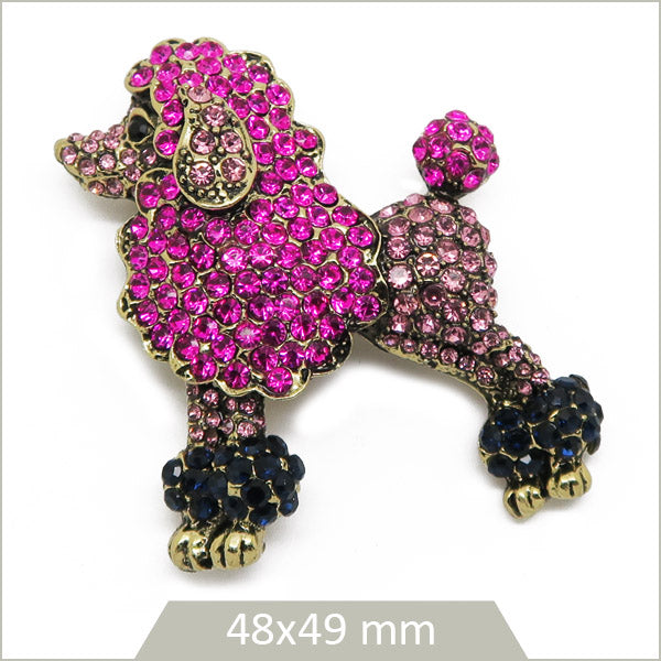 1 broche caniche alliage doré, strass roses et noirs