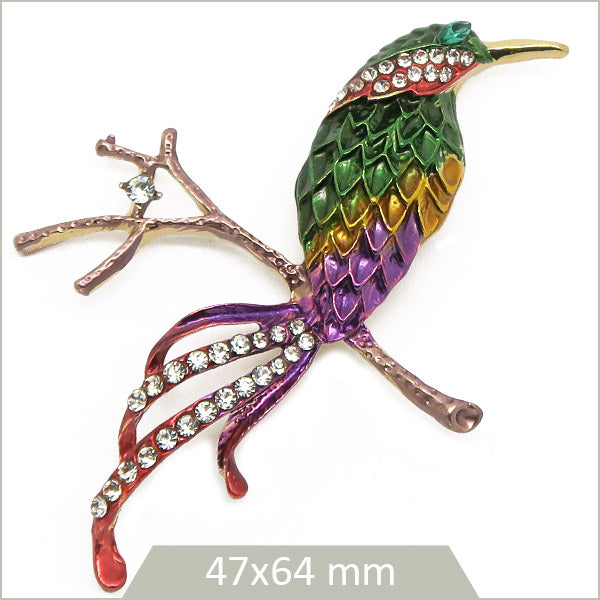 1 grande broche oiseau de paradis alliage doré, émail multicolore et strass