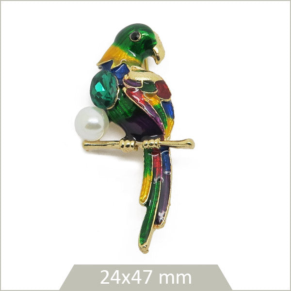 1 broche perroquet alliage doré, émail multicolore et perle