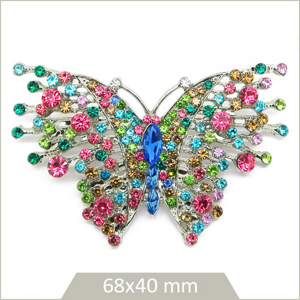 1 broche papillon alliage argenté, strass multicolores