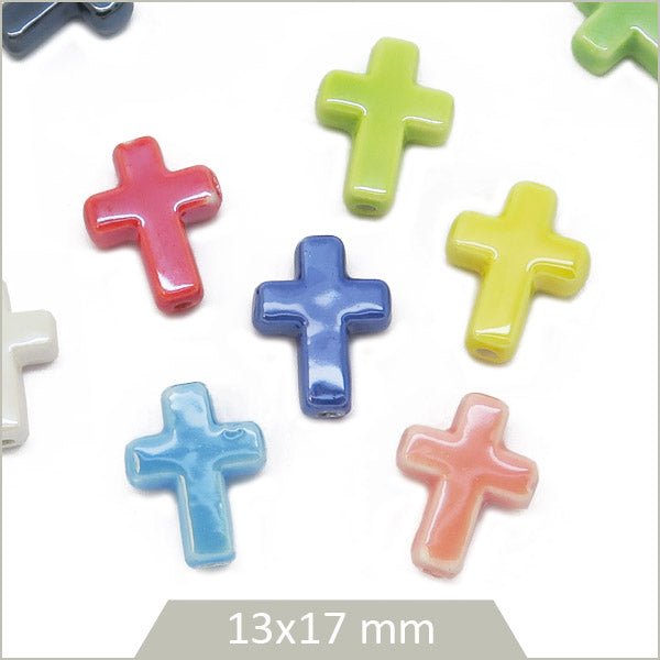 6 perles croix céramique, mix de couleurs