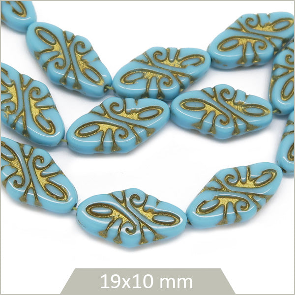 8 perles tchèque en verre, motif arabesques, cyan