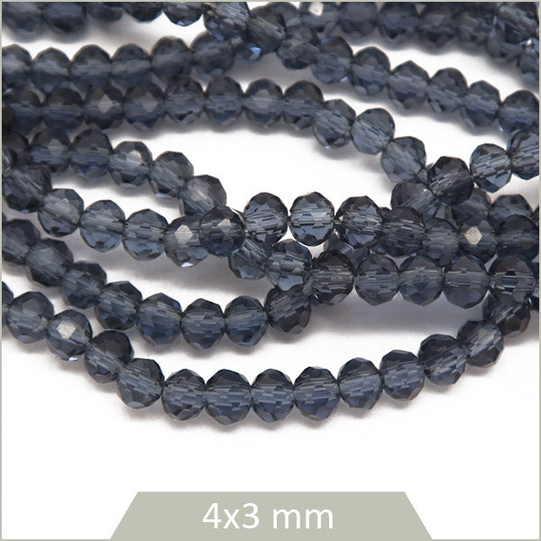 Env. 115 perles de verre à facettes donut bleu ardoise transparentes 4x3 mm