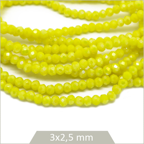 Env. 140 perles donuts à facettes en verre jaune, 3 x 2,5 mm