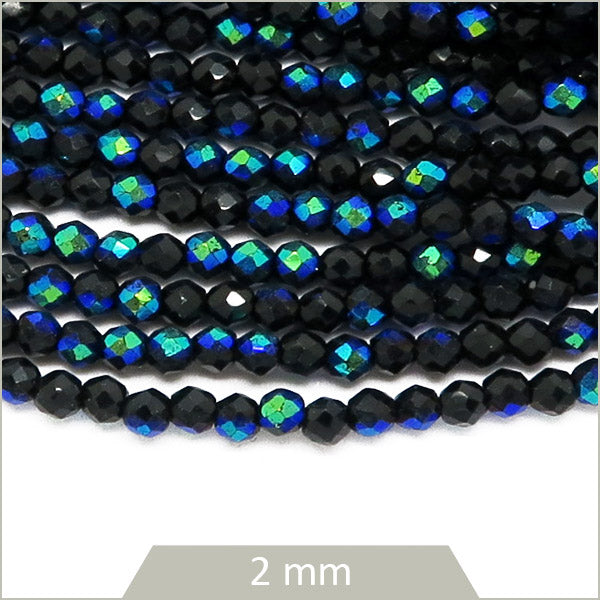 Env. 180 perles de verre à facettes noir scarabée bleu vert, 2 mm
