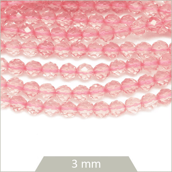 Env. 125 perles de verre à facettes rose clair, 3 mm