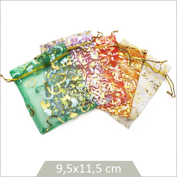 10 pochons à motifs en organza, mix de couleurs 9,5x11,5 cm