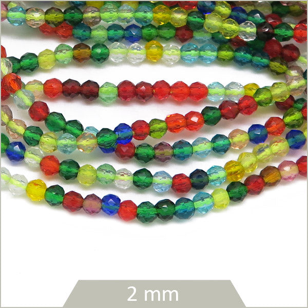 Env. 170 perles de verre à facettes 2 mm, mix de couleurs