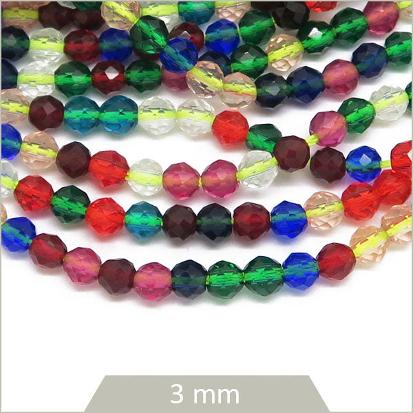Env. 110 perles de verre à facettes 3 mm, mix de couleurs