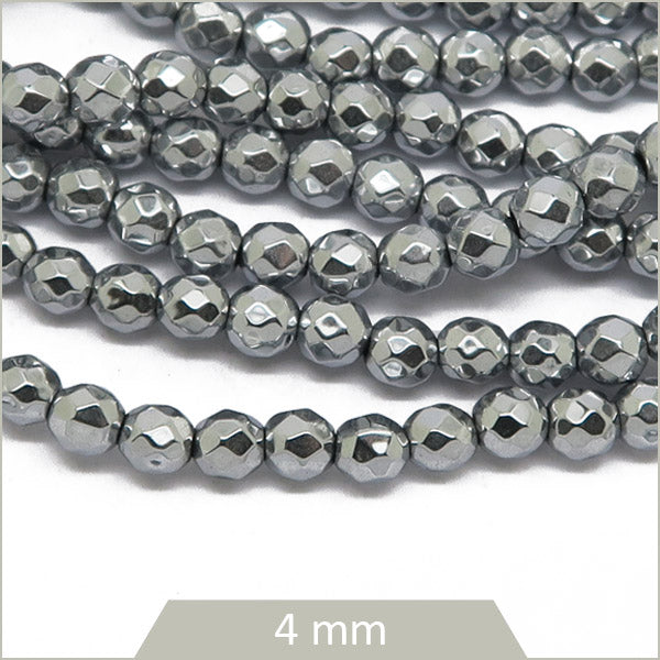 Env. 95 perles rondes à facettes en hématite argenté, 4 mm