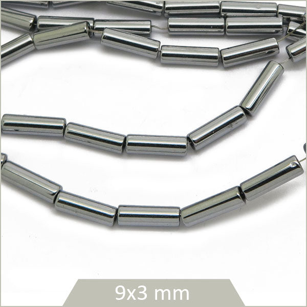 Env. 40 perles colonne hématite argenté, 9x3 mm