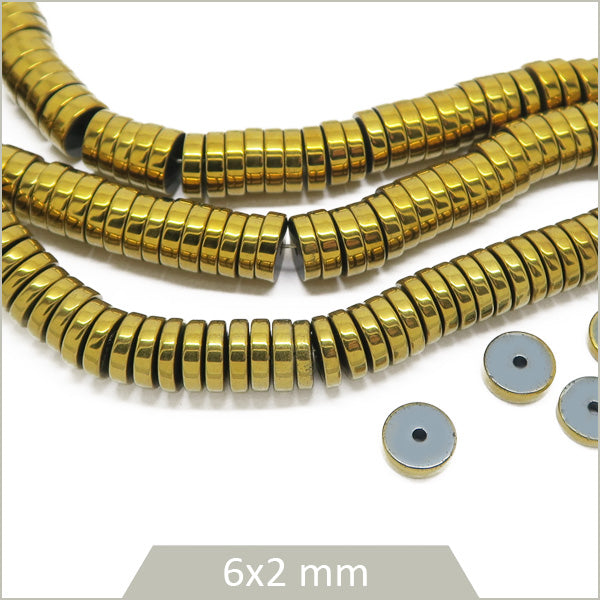 Env. 190 perles rondelles en hématite doré métallisé, 6x2 mm