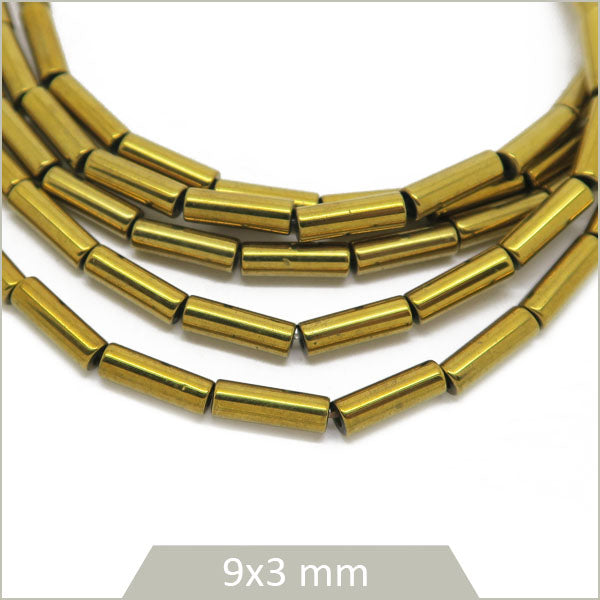 Env. 40 perles colonne hématite doré, 9x3 mm