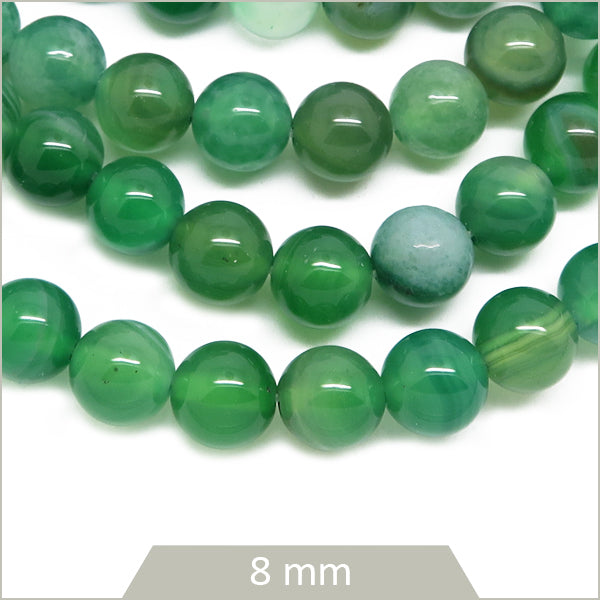 Env. 45 perles rondes en Agate rayée verte, 8 mm